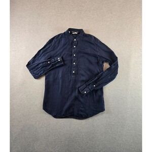 Suitsupply Shirt Mens 40 15 3/4 Navy 1/2 Button Pure Linen Slim Fit Long Sleeve